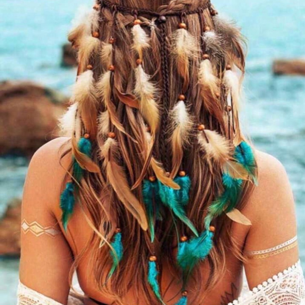 Boho Feather Hair Extensions - Turquoise & Natural Feathers